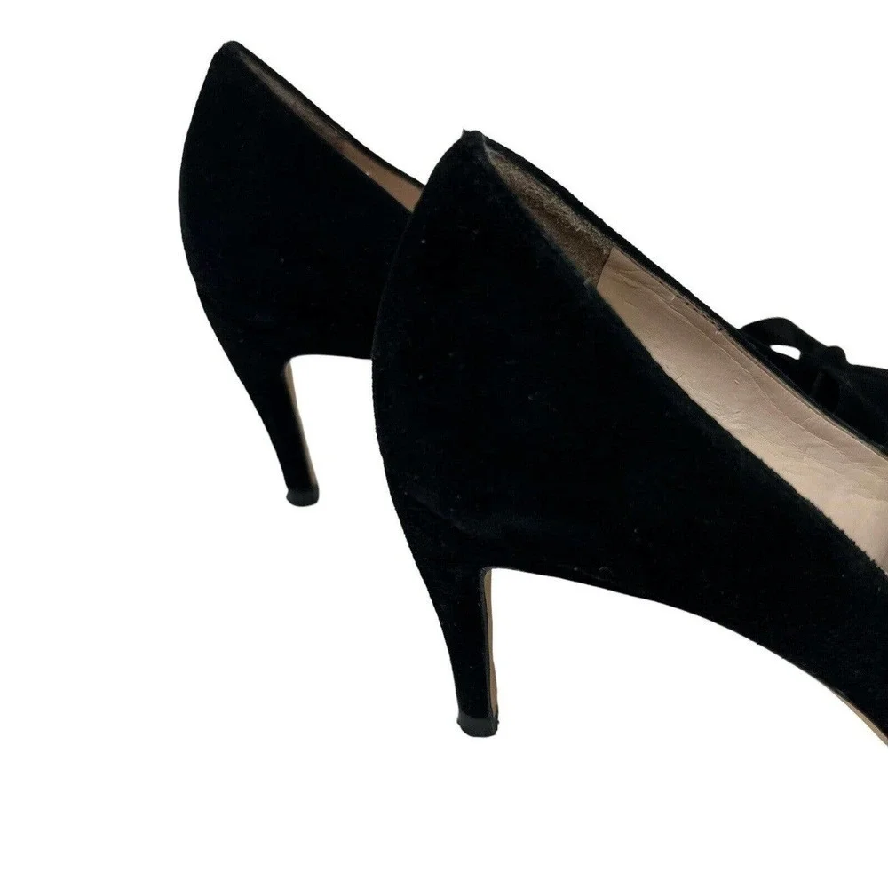 Plenty by Tracy Reese Black Suede Ruffle Bow Heels Size 37.5 US 7.5